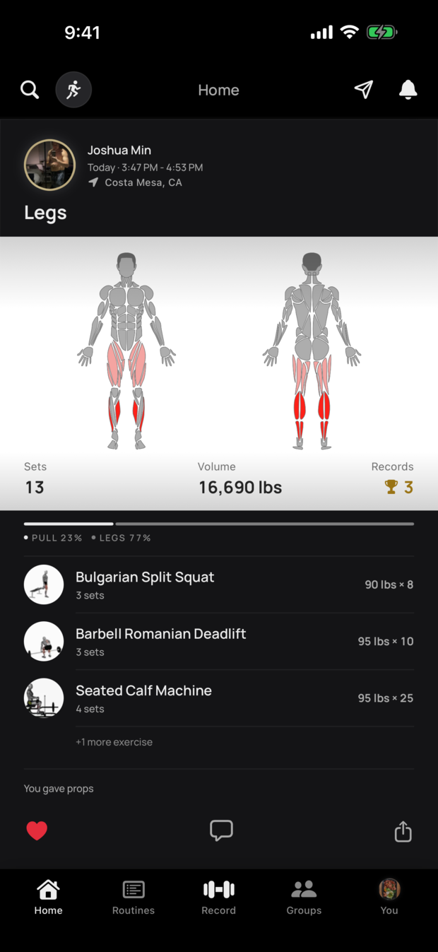 A friend's Legs workout in the Fyt feed showing a muscle map with quads and calves highlighted, 13 sets, 16,690 lbs of volume, and 3 records