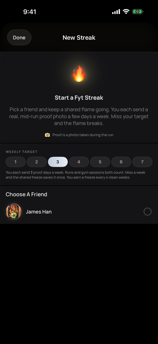 The Fyt Streaks screen: pick a friend, set a weekly target, and keep a shared flame going with mid-workout proof photos